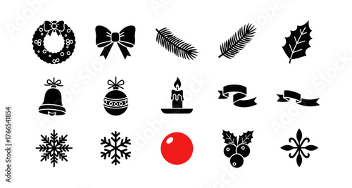Festive holiday icons with wreaths, bows, and winter decorations in black and red