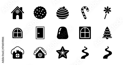 Collection of holiday icons: candy, gingerbread, and festive decorations in black and white