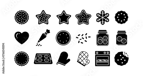 Baking cookie icons set featuring various biscuit shapes and kitchen tools in black silhouettes