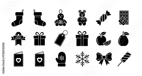 Festive black silhouette icons for christmas and holiday season designs