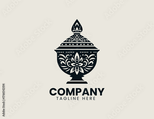 Ornate Kalasha pot silhouette vector illustration symbolizing abundance and prosperity with detailed floral and geometric patterns. Religious icon concept