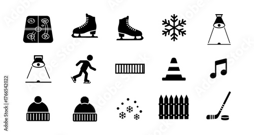 Winter sports and activities icons: skating, hockey, snow, and more in silhouette style