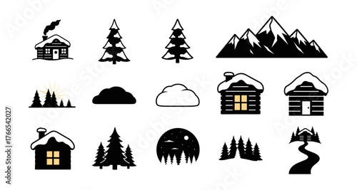 Winter landscape icons: cozy cabin, snowy trees, mountain peaks, and moonlit scenery in silhouette style