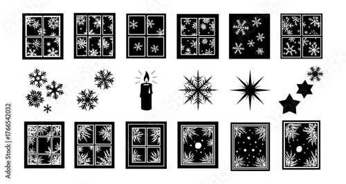 Silhouette snowflakes and winter window frames with candle design elements