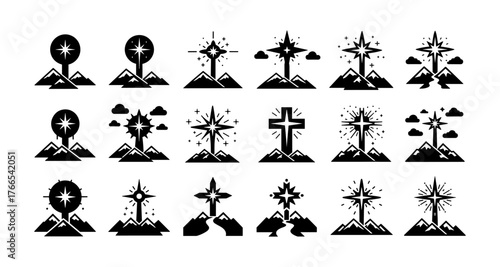 Silhouette of crosses and stars with mountain landscapes