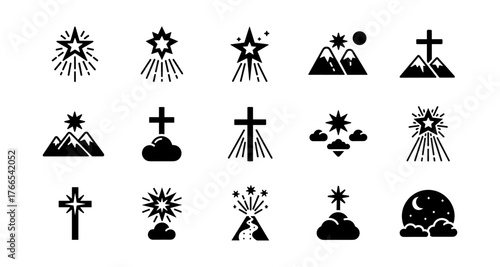 Black silhouette icons: star, cross, mountain, night sky