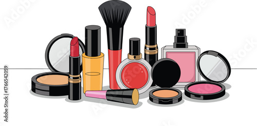 Assorted makeup products including lipstick blush and perfume bottles