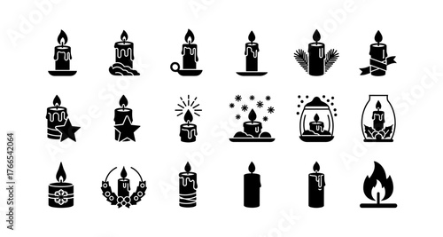 Stylish candle icons: diverse designs for warm ambiance in silhouette style