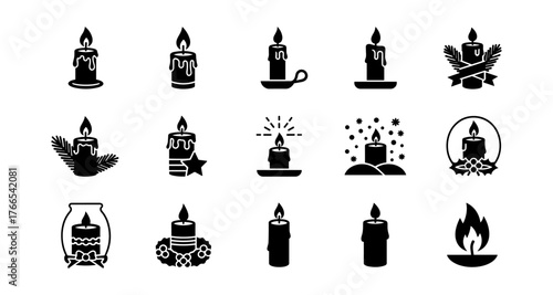 Set of silhouette candle icons with decorative elements for festive designs