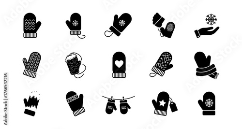 Winter mittens icons collection with snowflake and heart designs in black silhouette