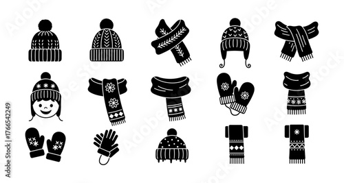 Winter accessories silhouette collection: hats, scarves, and mittens in black and white