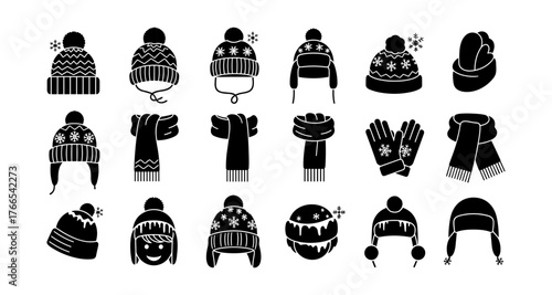 Winter accessories silhouette set: hats, gloves, scarves in black and white