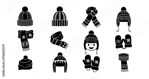 Silhouette winter hats and scarves collection with mittens and beanies