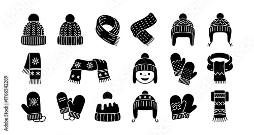 Winter silhouette icons of hats, scarves, mittens, and snow caps in black and white