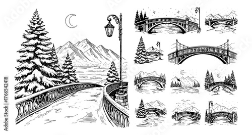 Hand-drawn winter bridges and landscapes with snowy mountains and trees