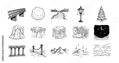 Hand drawn winter elements collection: nature, architecture, and seasonal scenery