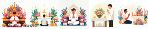 vector of man praying at altar with offerings and Diwali candles