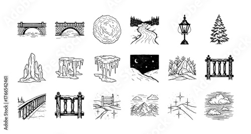 Hand-drawn winter elements: scenic bridges, snowy landscapes, and icy wonders