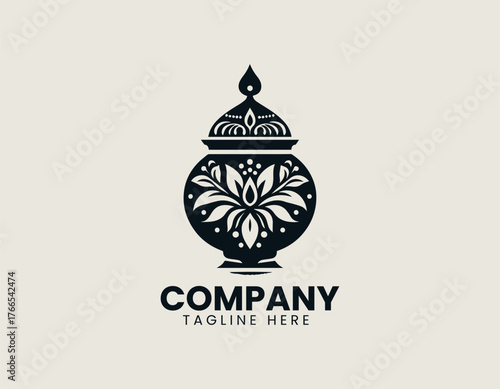 Ornate Kalasha pot silhouette vector illustration symbolizing abundance and prosperity with detailed floral and geometric patterns. Religious icon concept