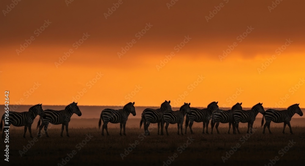 Fototapeta premium Silhouetted zebras graze across savanna beneath a fiery orange sunset, hinting at a vast landscape