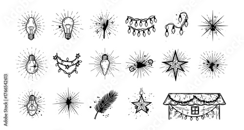 Hand drawn christmas lights and decorations collection with rustic style