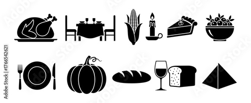 Thanksgiving icons set featuring food, dinner table, and autumn decorations in black silhouette style