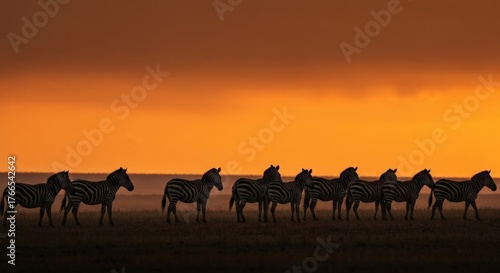 Silhouetted zebras graze across savanna beneath a fiery orange sunset, hinting at a vast landscape