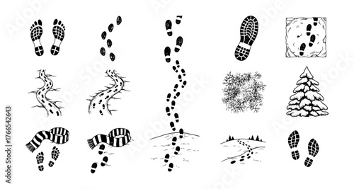Winter footprints collection: hiking bootprints and snowy trail designs