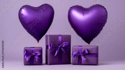 A purple heart balloon is placed on top of a purple box