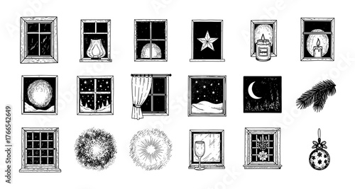 Hand drawn winter window elements with festive decorations