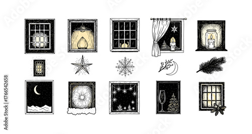 Hand drawn christmas window scenes with snowflakes, candles, and holiday decorations