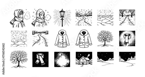 Cozy winter scenes: hand drawn illustrations with trees, coats, and snowy landscapes