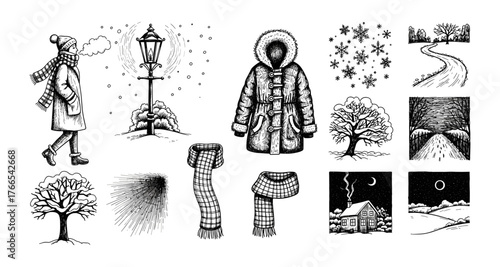 Hand drawn winter elements with nostalgic vintage charm for seasonal design