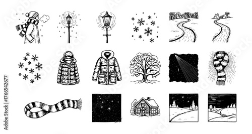 Hand-drawn winter elements collection with cozy clothes and scenic landscapes