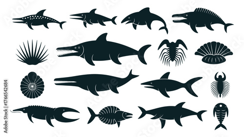 Ancient marine creatures and prehistoric sea life silhouettes for educational and design projects