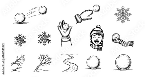 Hand drawn winter fun: snowballs, snowflakes, and smiling child in black and white