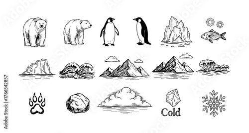 Hand drawn arctic elements featuring polar bears, penguins, and icebergs