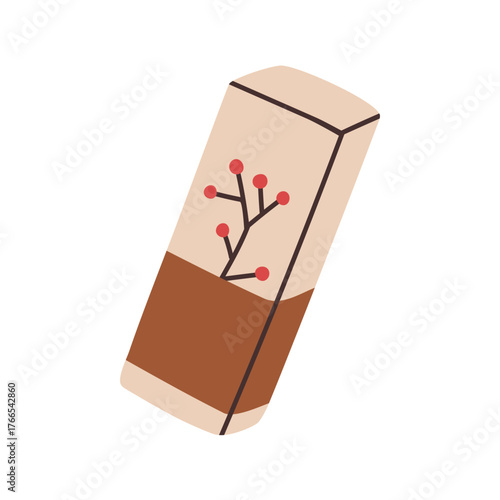 Gift, present box decorated with kraft paper ribbon, berries, branch. Festive winter holiday surprise, wrapped package design for Christmas. Flat vector illustration isolated on white background