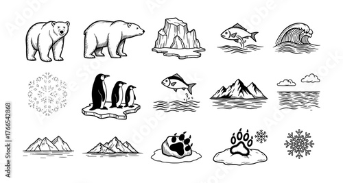 Arctic icons: animals, landscape, and nature elements in black and white