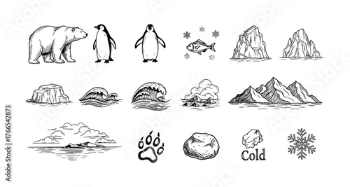 Black and white antarctic wildlife and landscape elements with penguins and icebergs