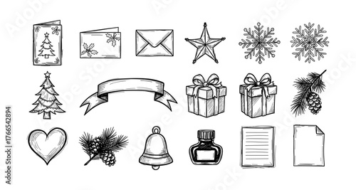 Festive holiday elements in hand drawn style with christmas decorations and gifts