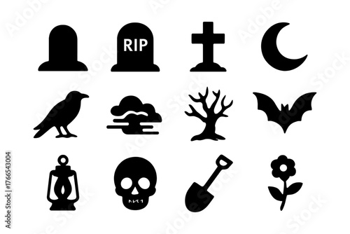 Spooky halloween silhouettes collection: icons of tombstone, cross, moon, bat, skull