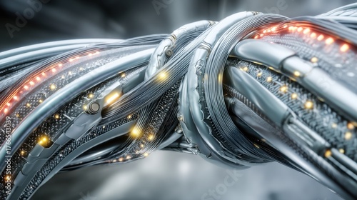 A close-up of a futuristic cable or wire made of interwoven metallic and flexible fibers with bright glowing dots.
