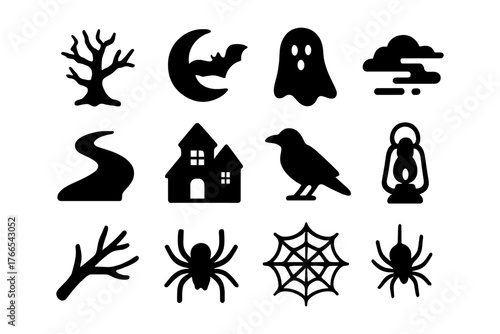 Halloween silhouette icons: ghosts, spiders, and haunted houses