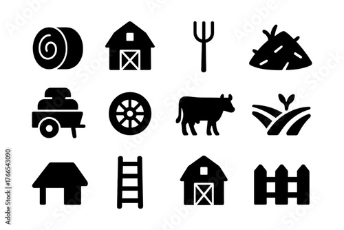 Silhouette farm icons: barn, hay, cattle, and tools collection