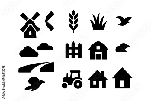 Silhouette collection of farm and nature icons for agricultural design