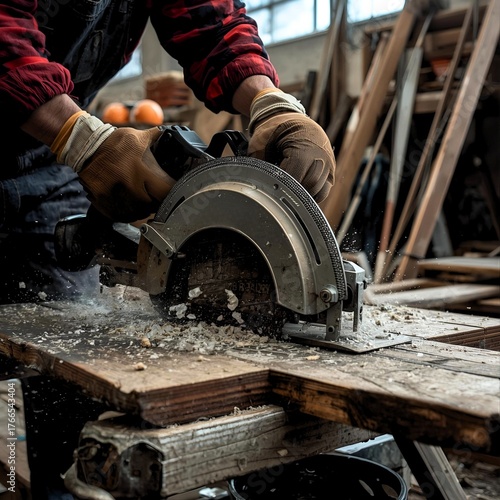 The saw makes a sharp, hoarse sound, indicating power and precision. Wood dust flies up every time the saw teeth penetrate the wood fibers.