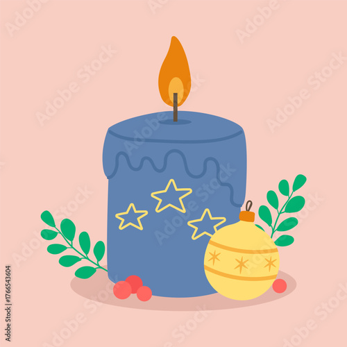 Blue christmas candle with ornaments and festive holiday atmosphere