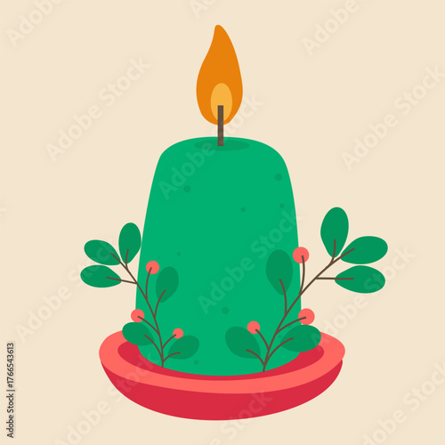 Green christmas candle with pine branches and festive holiday design