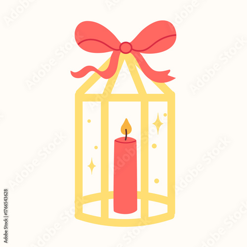 Christmas lantern with two glowing candles and festive holiday decor